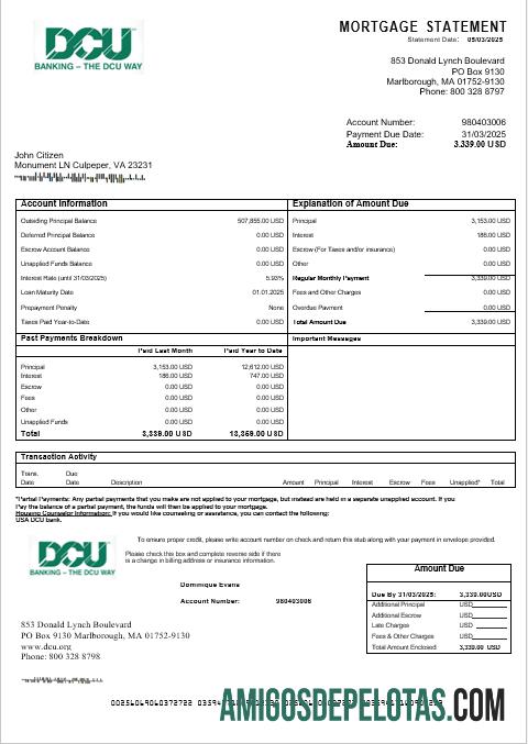 Extrato de hipoteca do banco DCU dos EUA em formatos Word e PDF baixar para verificação